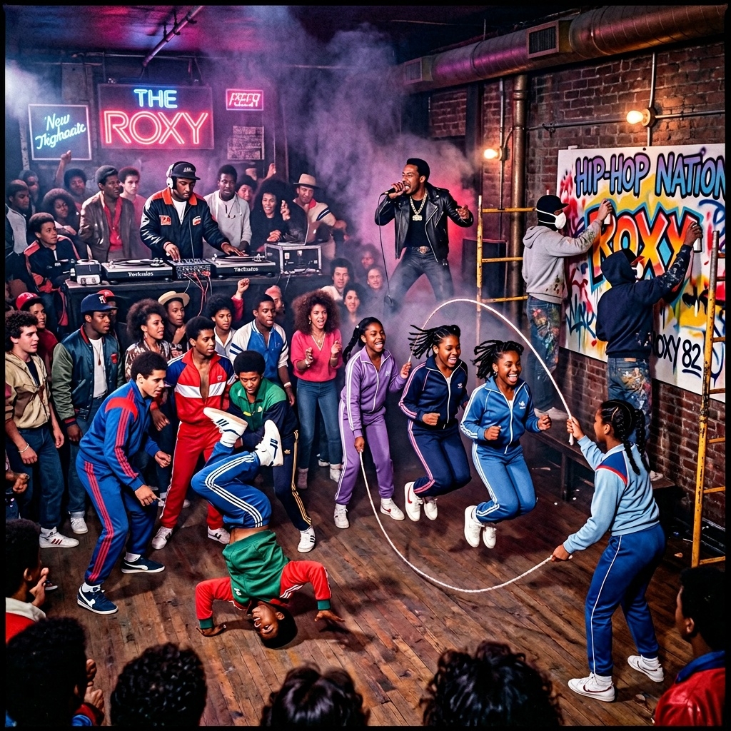 DJ・MC・グラフィティ・Bboy・Double Dutch が同じフロアに同居するイメージ